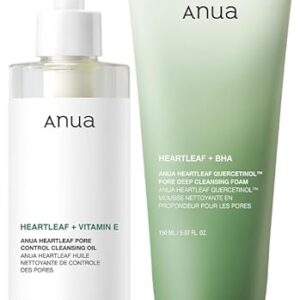 Anua Double Cleanser Duo for Facial Cleansing : Heartleaf Pore Control Cleansing Oil & Heartleaf Quercetinol Pore Deep Cleansing Foam for Double Cleansing, Blackhead Remover, Korean Skincare