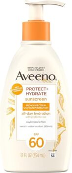 Aveeno Protect + Hydrate Sunscreen Moisturizing Body Lotion with Broad Spectrum SPF 60 and Prebiotic Oat, Weightless, Paraben, Oxybenzone, and Oil Free Sunscreen, 12 FL OZ