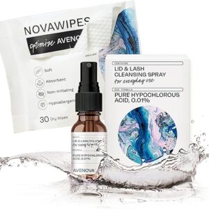 Avenova Eyelid and Eyelash Cleanser Spray with 30 Dry Wipes - Gentle Everyday Hypochlorous Acid Lid and Lash Cleansing Spray for Clearer and Healthier Eyes, 20mL