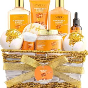Gift Basket for Women - 10 Pc Almond Milk & Honey Beauty & Personal Care Set - Home Bath Pampering Package for Relaxing - Spa Self Care Kit - Thank You, Birthday, Mom, Anniversary Gift