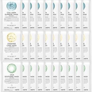 Hydrating Soothing Sheet Masks Gift Set for Skincare, Korean Vegan Sheet Mask for Dry, Sensitive Skin, Calming, Smoothing, Brightening, Collagen, Ceramide, Cica, Hyaluronic Acid 30EA