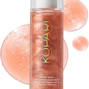 Kopari Sun Shield Body Glow, Broad Spectrum SPF 45, Lightweight Shimmering Gel Texture Absorbs Quickly, Non Sticky, Glowing Results, Rose Gold 5 oz