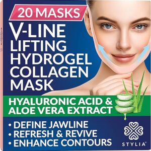 Stylia V-Line Lifting Collagen Face Mask with Hyaluronic Acid & Aloe Vera - Spa Quality Double Chin Strap - Jawline Shaper Collagen Mask - Face Masks Skincare - Chin Strap for Sleeping - 20PC