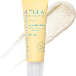 TULA Skin Care Protect + Glow Daily Sunscreen Gel Broad Spectrum SPF 30 - Skincare-First, Non-Greasy, Non-Comedogenic & Reef-Safe with Pollution & Blue Light Protection, Supersize, 3.38 oz